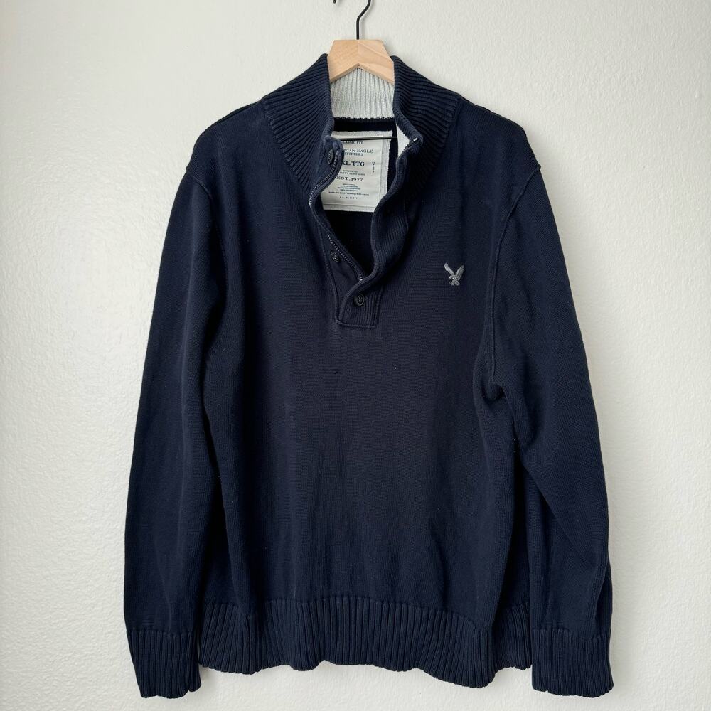 American Eagle Men's Blue Knit Sweater Quarter Button Longsleeve Classic Size XL
